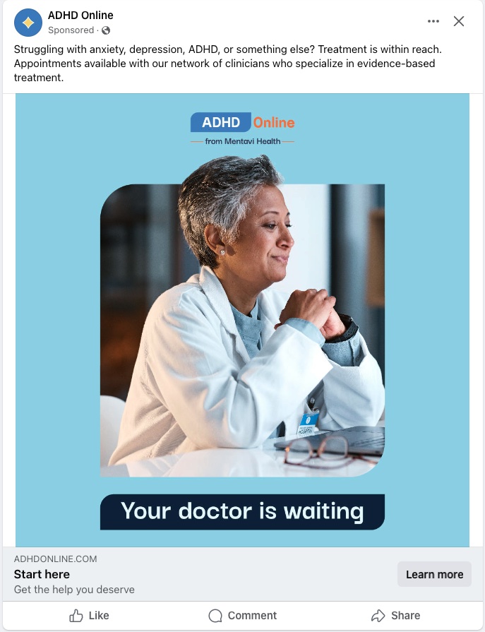 Therapy paid meta ad for ADHD Online
